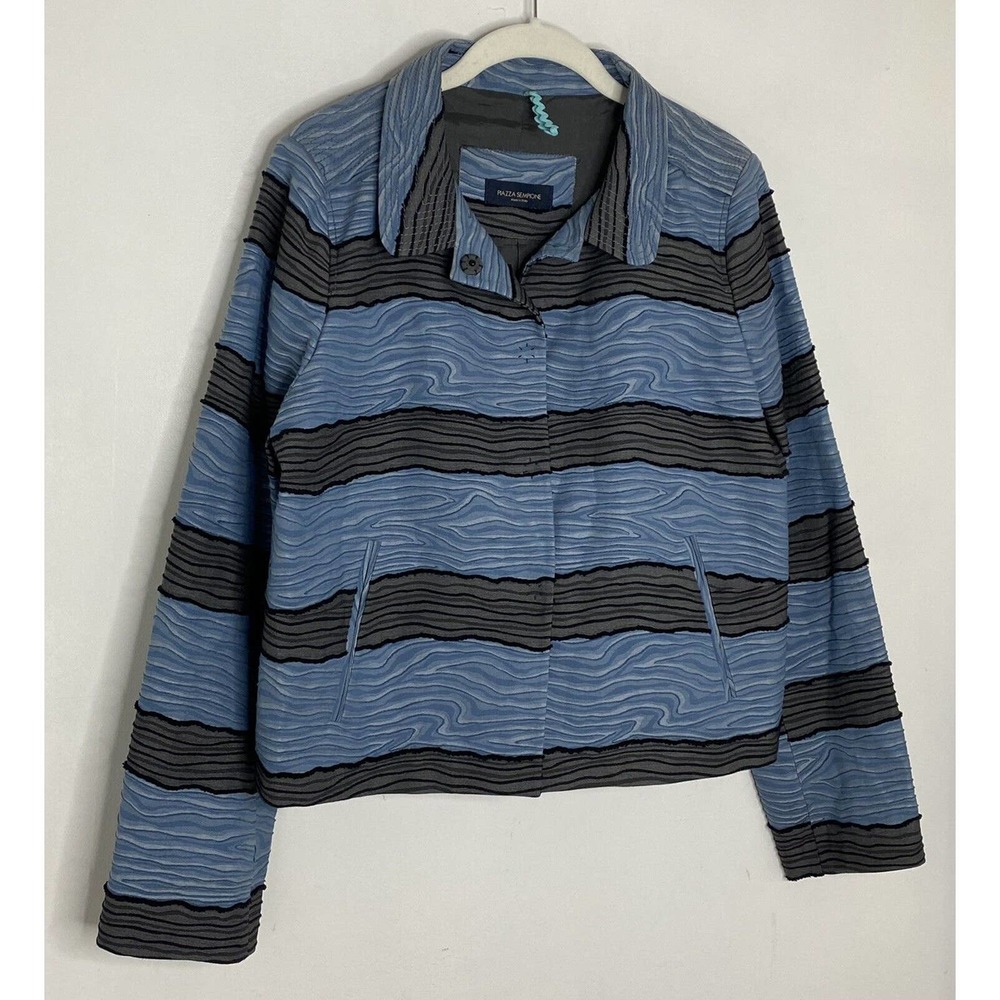 Piazza Sempione Italy Blue & Gray Cotton Textured Waves Boxy Blazer Size 12 - Picture 2 of 4